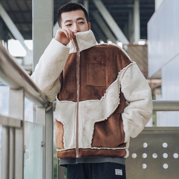 

2018 winter men casual loose thicken solid color spliced lamb cotton-padded clothes coat lapel snow jacket warm parka homme m, Black