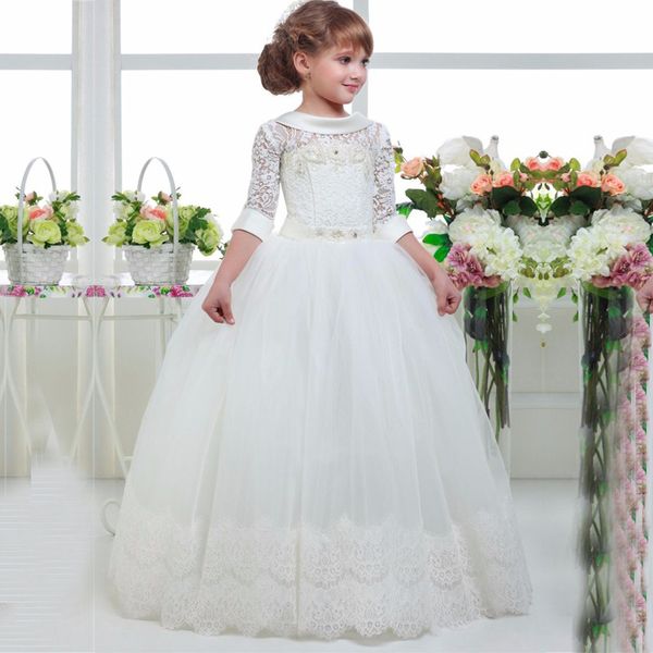 Tule personalizado bonito Lace Girl Dress vestido de baile Pavimento Length Little Kids para casamento vestido de festa de aniversário
