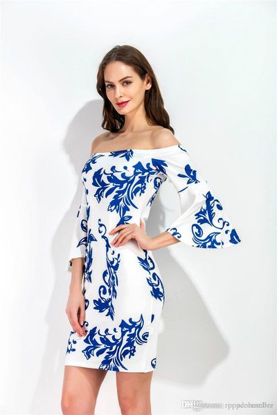 

women designer slash neck dresses blue and white porcelain printed slim bell sleeve dresses summer womens clothing, Black;gray