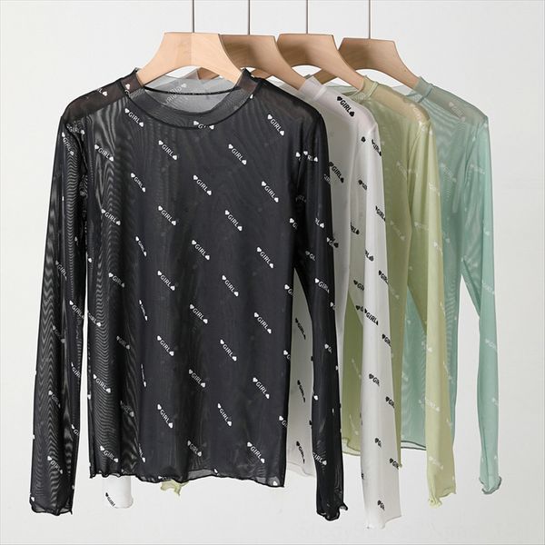 

printed letter ice shirt and silk t-shirt women's silk elegant wind sunscreen bottoming mesh pure color foreign 25-29 weeks, White