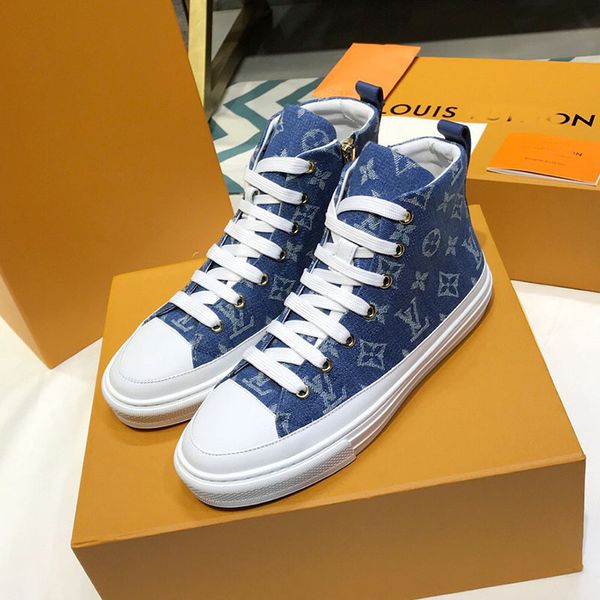 

Fa hion de igner luxury women 039 neaker uper tar blue denim material print fa hion flat ca ual hoe high help training hoe