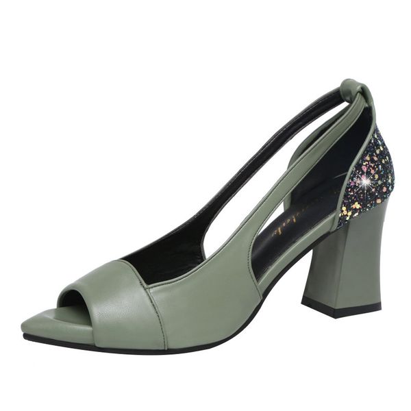 

women sandals summer thick heel sequins patent leather hollow-out toe-exposed shoes fish mouth high heels for women, Black