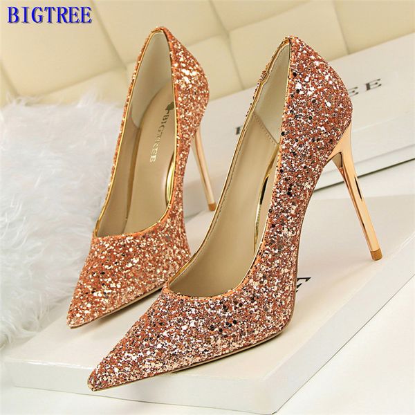

bigtree women pumps extrem high heels women shoes thin heels female wedding shoes party shoes gold sliver white ladies shoe, Black