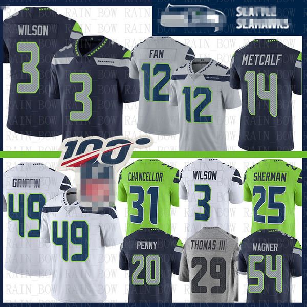 

3 russell wilson jersey seattle seahawk 14 dk metcalf 12th fan 12s 49 shaquem griffin kam chancellor bobby wagner rashaad penny thomas, Black;red