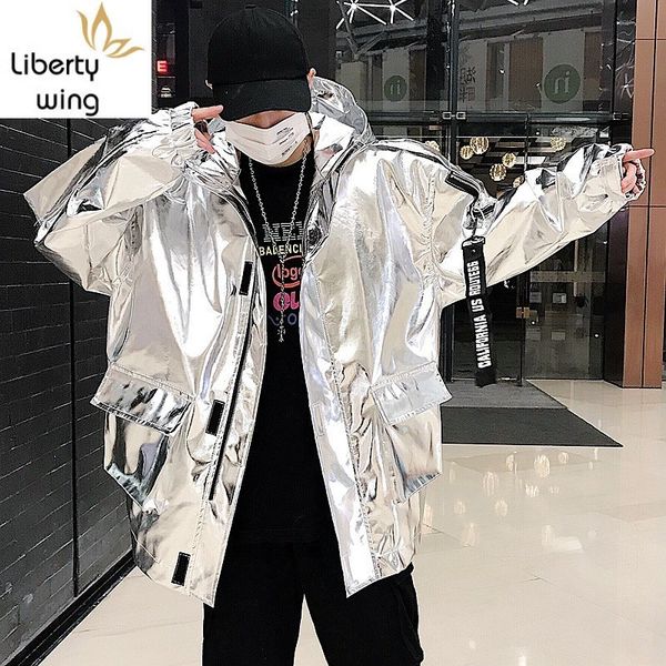 

harajuku mens casual loose fit hoody streetwear hip hop outerwear coat man stage show silver golden printed baggy jacket, Black;brown