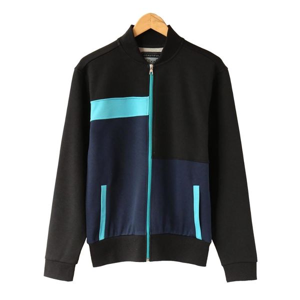

wholesale men's color patchwork long sleeve pocket track jacket coats, Black;brown