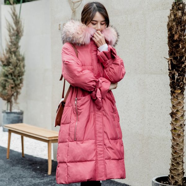 

slim warm hat fur collar casual loose clothes new autumn winter jacket women white duck down coat long parka female dd033, Black