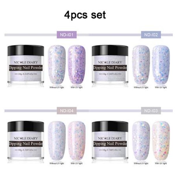 

4 pcs/set dipping nail kits nude holographic dip nail glitter luminous matte gradient chrome pigment dust sequins, Silver;gold