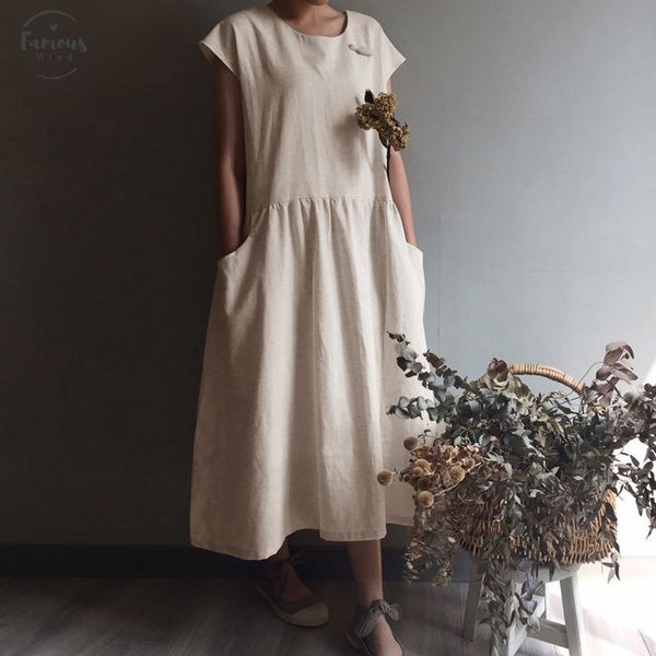 

2019 summer vinatge a line women pleated linen long shirt dress casual short sleeve loose maxi vestidos robe plus size sundress, Black;gray