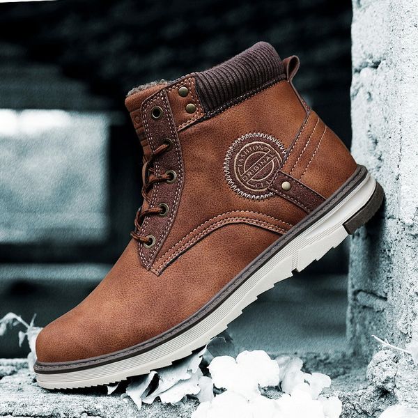 

heflashor new winter warm men boots pu leather fur plush men snow boots handmade waterproof working ankle shoes, Black