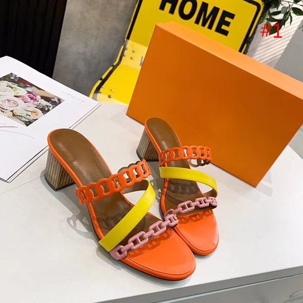 

large size premium new slipper branded women cow leather high heel sandal lady leather buckle strap rubber sole chunky heel sandal with box, Black