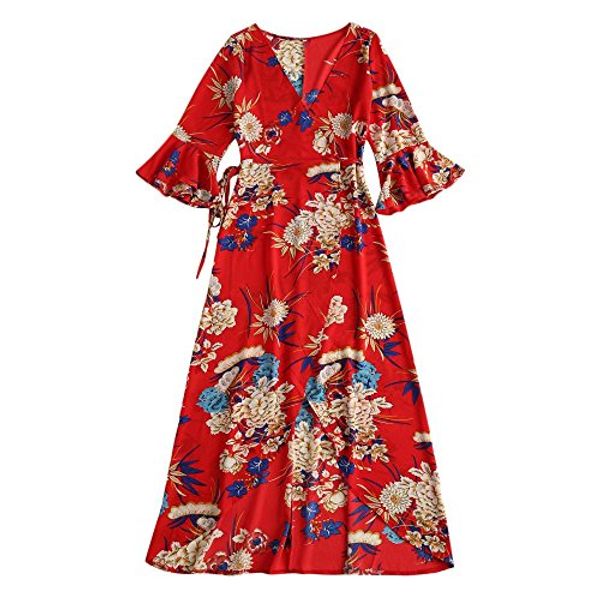 

langstar plunge neck bell sleeve ruffle floral print women maxi wrap dress, Black;gray