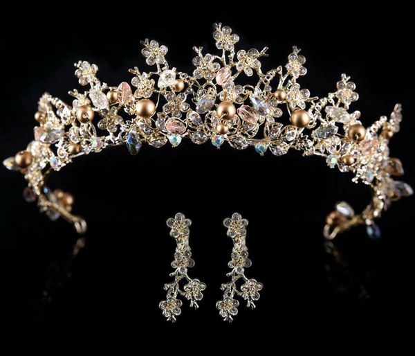 

women gold pearl wedding bride party crystal headband crown tiara earrings set headpiece jewelry baroque hair sticks gold, Golden;white