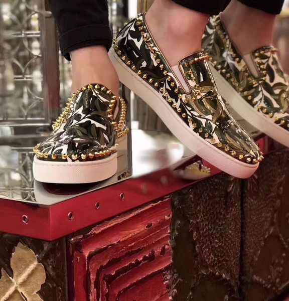 

new season junior spikes orlato men's flat red bottom loafers sneaker for women,men shoes with foliage printed leather fashion wedding, Black