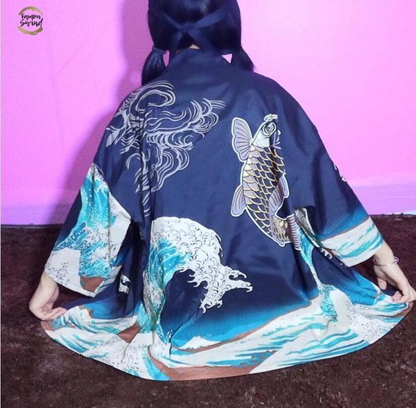 

and spring summer new style of kimono wave printing fish cardigan shirt drop shipping good quality, White