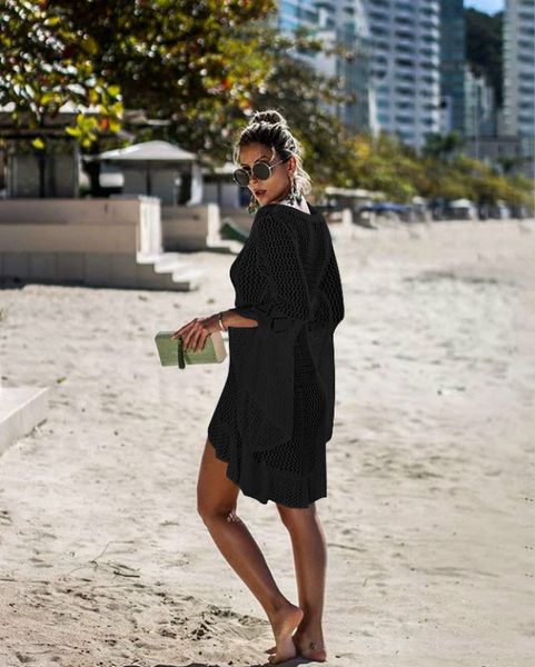 

womens designer summer beach smock trumpet sleeve fashion cutout knitting sun-proof clothes 2020 new arrive vacation outers, White;black
