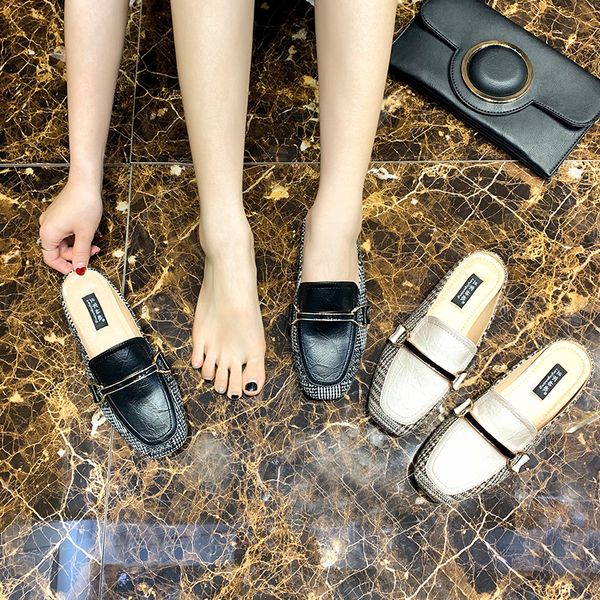 

rivet square toe slippers women summer low flat shoes female slides pantofle cover 2020 pu basic fabric rubber female shoes, Black