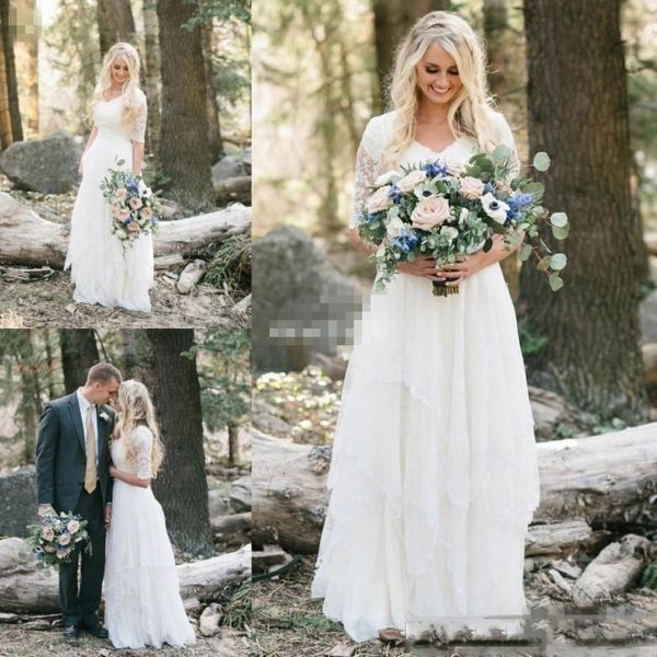 

western country wedding dresses lace chiffon modest v neck half sleeves long bohemian bridal gowns plus size robe de mariée en dentelle, White