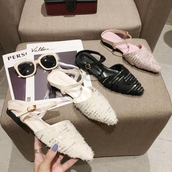 

блеск bling мулы женщины низкие каблуки тапочки моды пряжки пальца ноги остроконечные слайды неглубокие обувь черный розовый абрикосовый san, Black