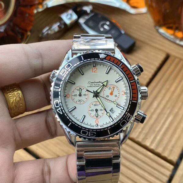 

man watch all sub-dials work stainless steel band automatic date quartz male watches for men's waterproof wristwatches, Slivery;brown