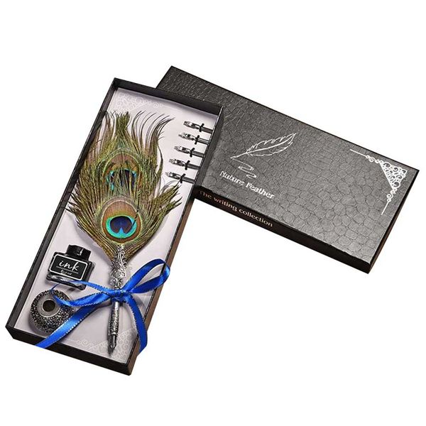

1set english calligraphy feather dip pen writing ink set stationery gift box with 5 nib wedding gift quill pen fountain new