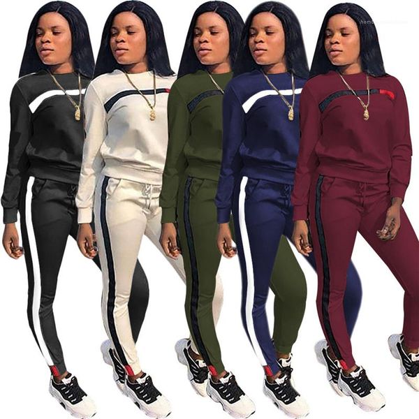 

sleeve crew neck striped printed 2pcs sports sets fashion loose ladies two pieces suits patchwork printed womens tracksuits autumn long, Gray