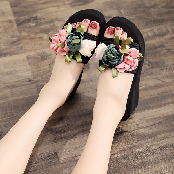 

jaycosin slippers flowers flip flops women girls flower flat bohemian women slippers summer outdoor slippers summer platform, Black