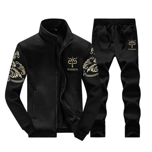 

мужская мода комплект одежды зима марка печатных вышивка стенд цвет пальто + брюки из двух частей набор мужская повседневная торговля активн, Gray