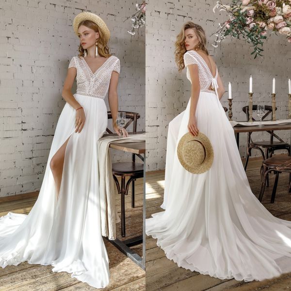 

beach bohemian wedding dresses 2020 v jewel neck short sleeve front split bridal gowns backless plus size wedding dress, White