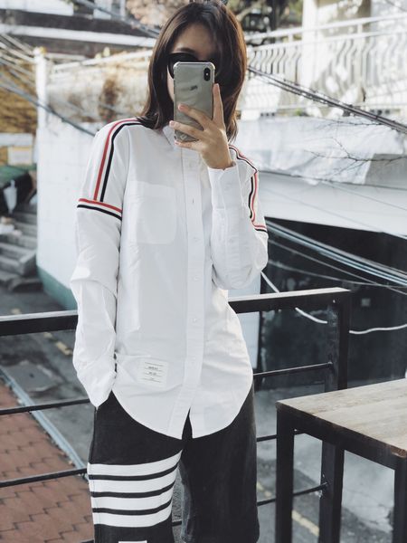 

summer autumn tb nylon typewriter cloth fabric navy snap-front grosgrain armbands thom shirt jacket browne for men and women, White;black