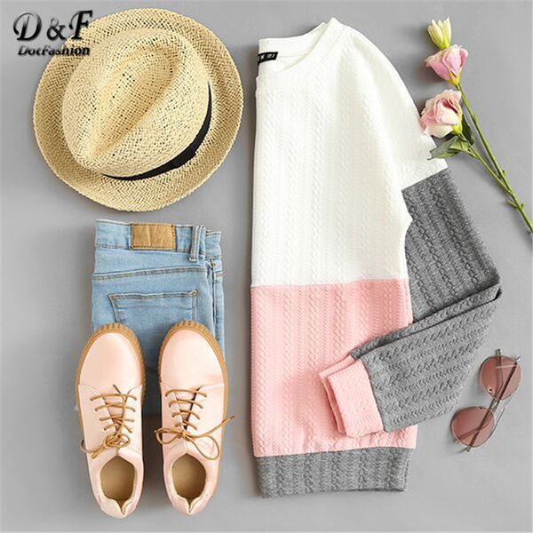 

dotfashion кройки и шитье текстурированной толстовки женщина с длинным рукавом толстовка пуловер 2019 осенью многоцветной вокруг шеи толстов, Black