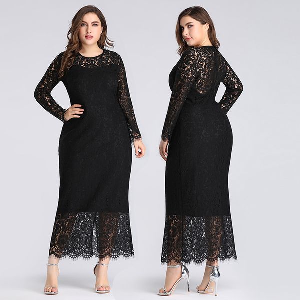 

elegant evening dresses queen abby o-neck ankle-length full sleeve lace women formal party dresses plus size, White;black