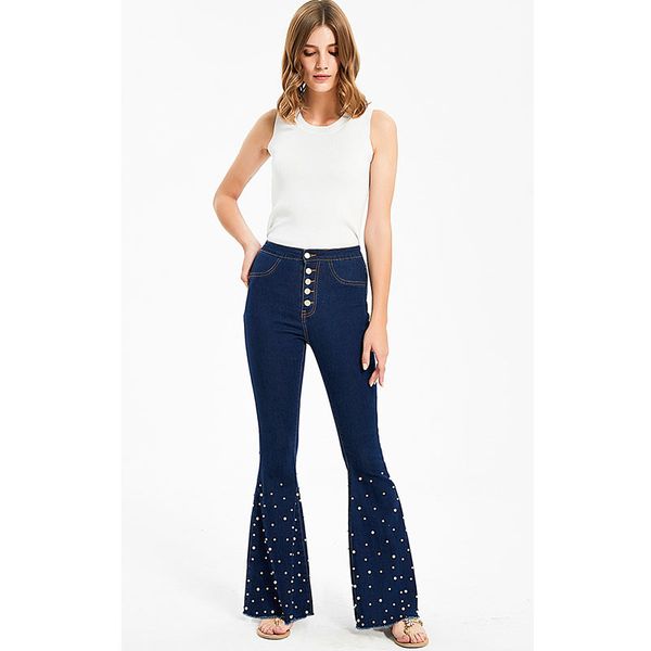 

women fashion pearled flared pants denim pants boyfriend high waist jeans trousers ladies womens daily casual jean pant clothing, Blue