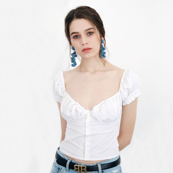 

женщины топы женщин блузки новая мода женщины frill обрезка кнопки up блуза урожай коротким рукавом top падения доставка хорошее качество, White