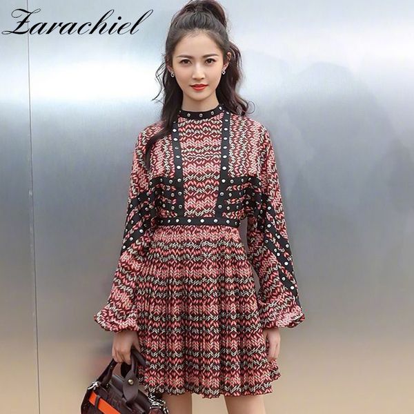 

runway 2020 spring women lantern long sleeve geometry striped printed retro rivet patchwork high waist female pleated dress, Black;gray