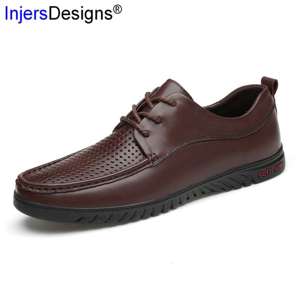 

new arrival casual leather shoes zapatos de hombre fashion hollow out breathable business shoes genuine leather casual men, Black