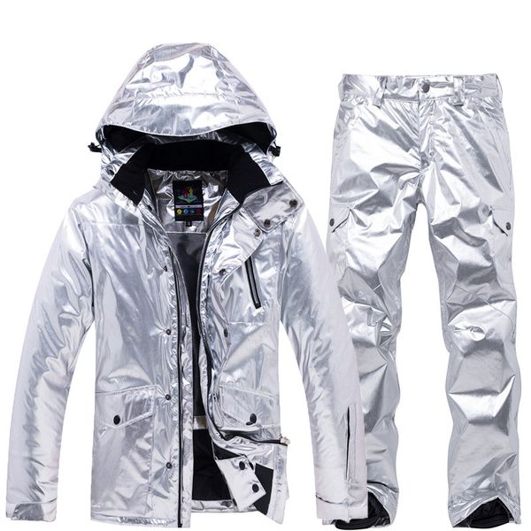 

cool shining silver men women ski suit winter thermal waterproof windproof snowboarding jacket pants skiing wear female snow suits