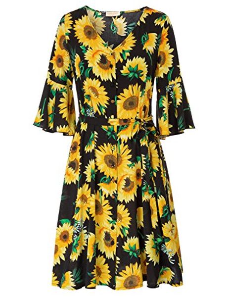 

kate kasin women summer floral button swing dress v-neck kk921, Black;gray