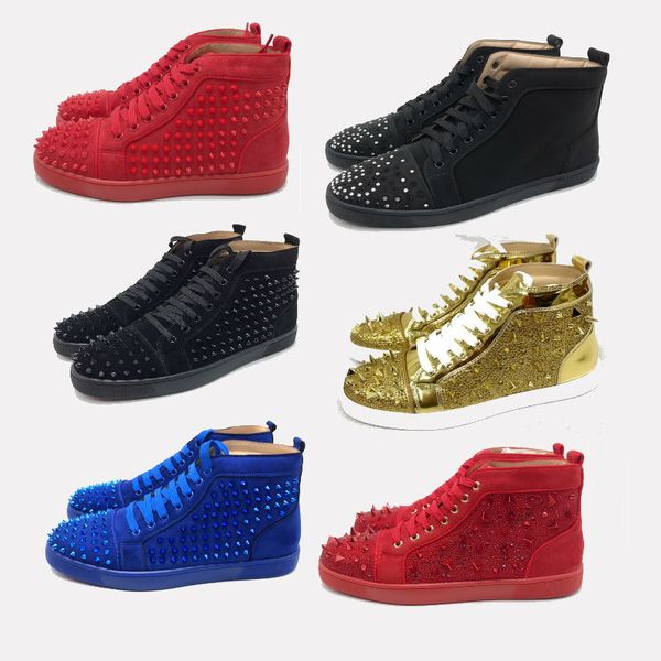 

big size 2019 casual shoes red bottom high cut lace up fashion leather suede party wedding men women shoes size 36-47 casual shoes, Black