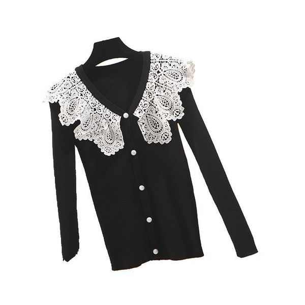

2019 autumn new style large size dress fat mm korean-style knitted cardigan women's lace small fold-down collar sweater coat wom, Black;white