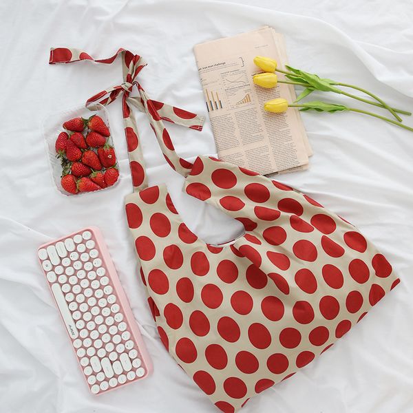 

red polka dots cotton bag large fashion women shopping bag female shoulder hangbag tote light travel casual style