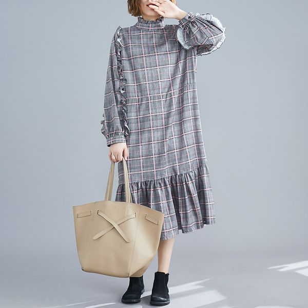 

new fashion casual women dress petal sleeve plaid turtleneck dresses 7468, Black;gray