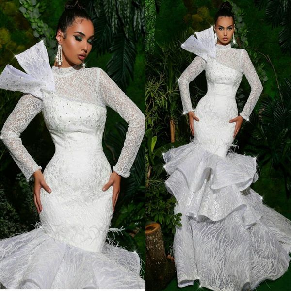 

full lace mermaid evening dresses high neck long sleeve tassel applique beaded prom dress custom made tiered tulle sweep train party dresses, Black;red