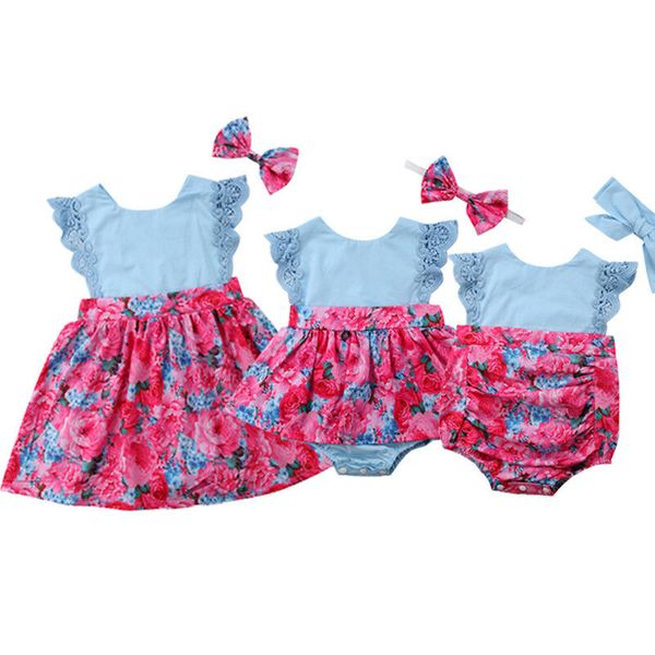 

2019 new infant child sisters kids baby girl summer lace royal floral romper dress sundress 2pcs sleeveless summer sunsuit, Red;yellow