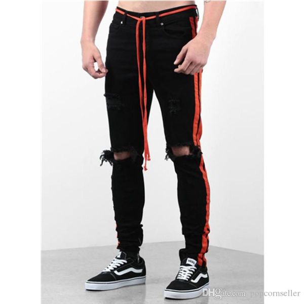 

mens new designer panelled jeans fashion ripped knee pull strap jeans casual pocket drawstring males regular apparel, Blue