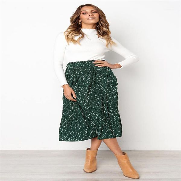 

pockets skirts summer elegant female bottom white dots floral printed pleated midi skirt women elastic high waist side, Black