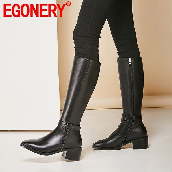 

egonery woman shoes 2019 winter new concise casual handmade genuine leather knee high boots outside high heels zip ladies shoes, Black