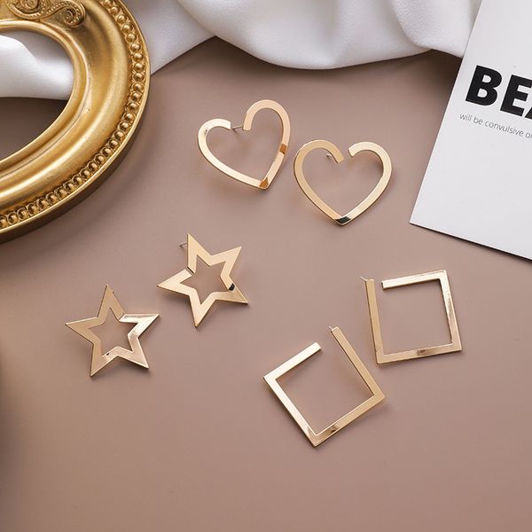

2019 geometric 925 sterling silver gold color round circle square star love heart stud earrings for women girls earing jewelry, Golden;silver