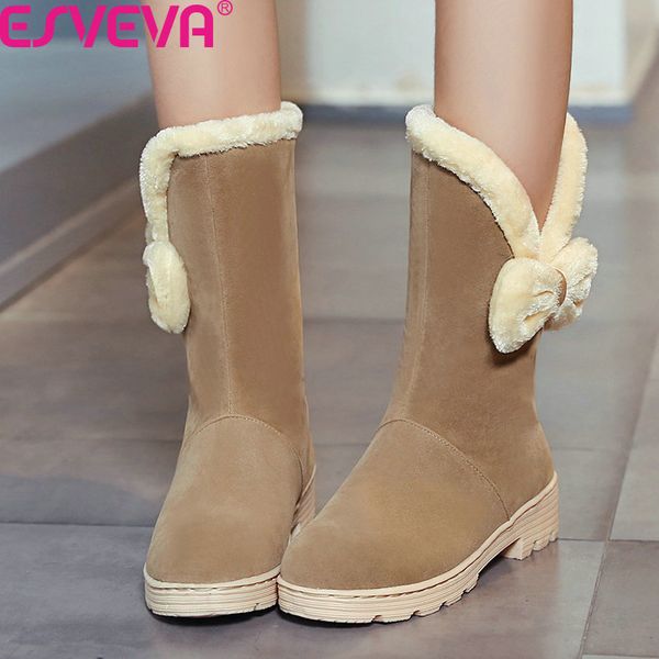 

esveva 2020 flock butterfly-knot casual short boots round toe slip on mid calf boots winter warm fur women shoes size 34-40, Black