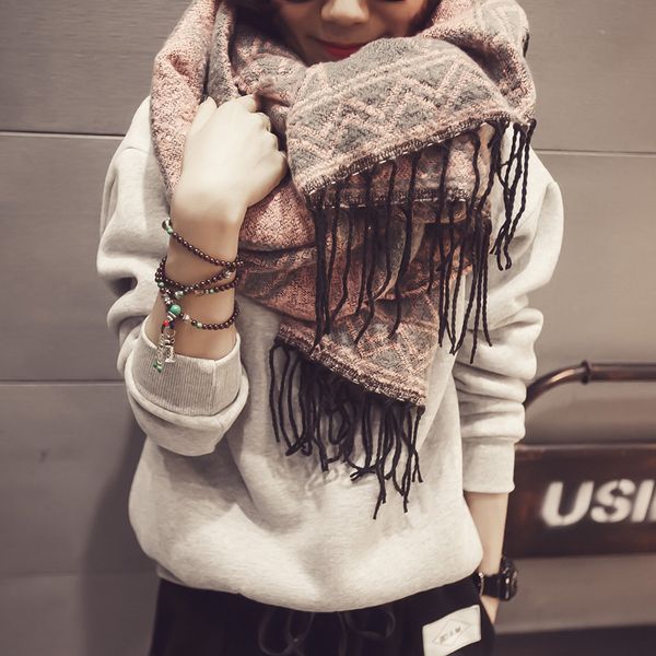 

new autumn winter retro ethnic style geometric patterns diamond lattice tassel warm ladies scarf shawl dual-use women, Blue;gray